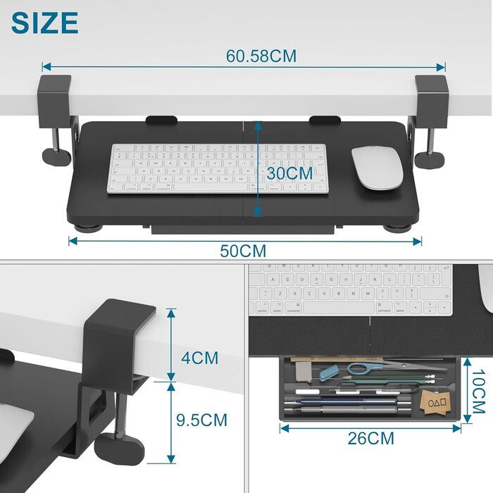 Підставка для клавіатури ETHU, висувна, 50x30 см, з кріпленням C, для монтажу під столом, ергономічна, чорна