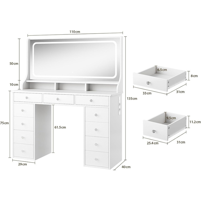 Діплекс туалетний столик з підсвіткою, 110 см, з 11 шухлядами та LED-дзеркалом, білий. Сучасний туалетний столик для спальні та гардеробної