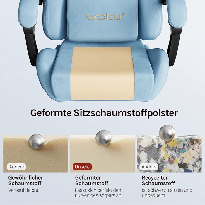 Ігровий крісло WOLTU з регульованою спинкою, обертовий офісний крісло з підлокітниками, підставкою для ніг, поперековою підтримкою, підголівником, блакитний