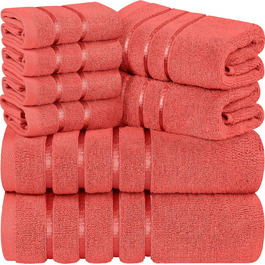 Набір розкішних рушників Utopia Towels 8 предметів, 2 банних рушники, 2 рушники для рук та 4 фланелі, 600 г/м, віскозні смугасті рушники з високим ступенем поглинання, ідеально підходять для щоденного використання (кораловий) Червоний