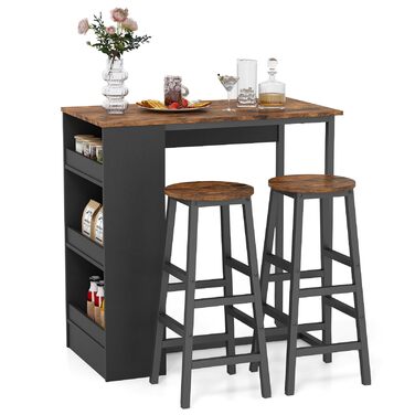 Барний стіл COSTWAY з барними стільцями (набір для 2 осіб), з 3 полицями, кухонний стіл у стилі ретро, колір - коричневий