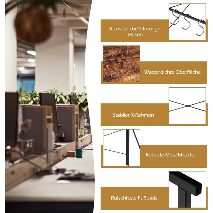 Складаний стіл COSTWAY, розкладний стіл 100 x 50 см з 6 гачками та металевим каркасом, компактний комп'ютерний стіл Промисловий робочий стіл для домашнього офісу, 115 кг з можливістю завантаження (сільський коричневий)