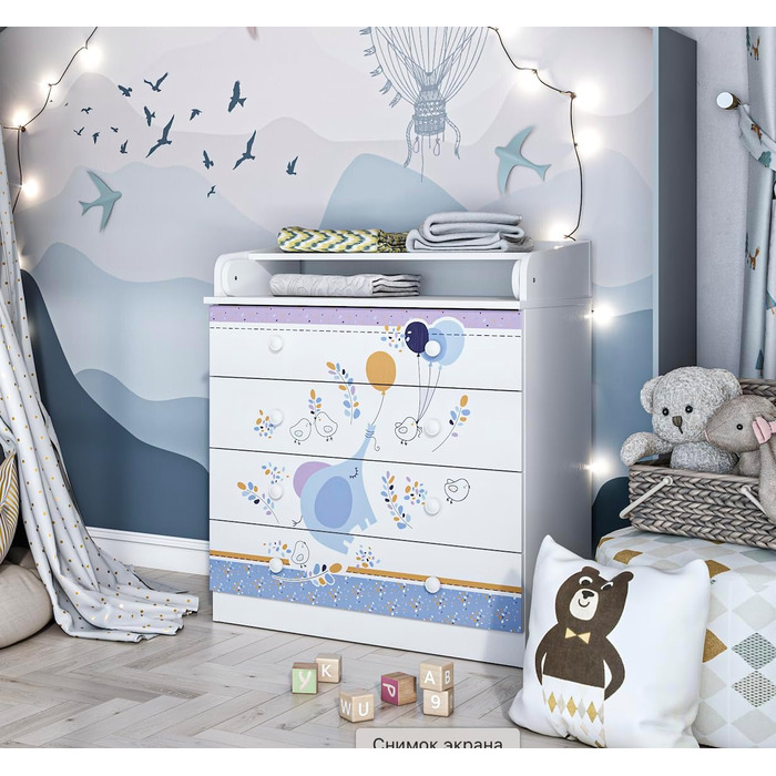 Дитяча пеленальна комода Shefa Kids Elefant з повітряною кулькою – 4 шухляди, з відкидним столиком, для дитячої/немовлятньої кімнати, ергономічна пеленальна станція, білий слон