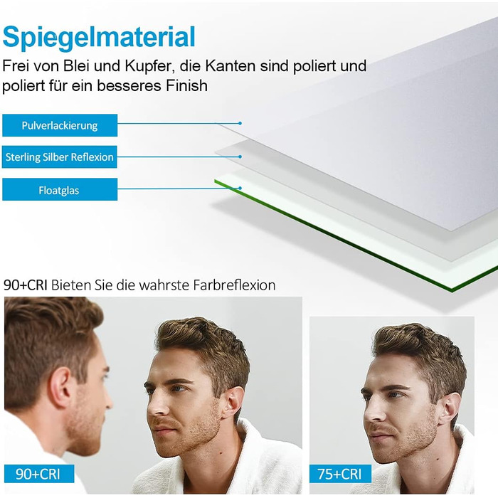 Дзеркало для ванної кімнати з підсвічуванням LED 80x60 см, тепле біле світло 3000K, монтаж вертикально/горизонтально