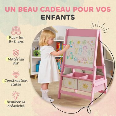 Дитяча мольберт AIYAPLAY 3 в 1, рожевий: двосторонній, з рулоном паперу та 2 кошиками для зберігання, для дітей 3-8 років