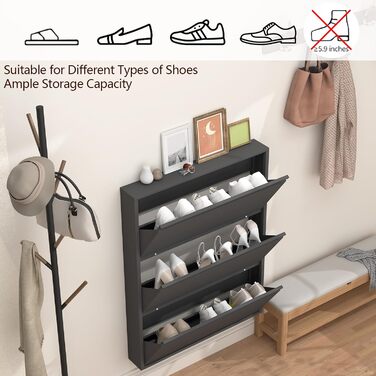 Взуттєва шафа GREATMEET для передпокою, вузька, настінна, металева, з 3 висувними ящиками (чорна)