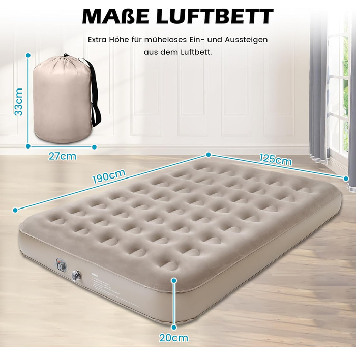 Надувний матрац 2 персони з електричною помпою, 190x125x20 см - для дому та кемпінгу