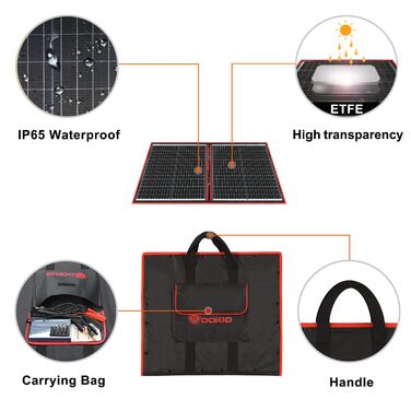 Складні монокристалічні сонячні модулі DOKIO потужністю 110 Вт портативні з контролером заряду від сонячної батареї (РК-дисплей 2 виходи USB), фотоелектричним кабелем (3 метри), 5 адаптерами постійного струму (80,0 Вт)
