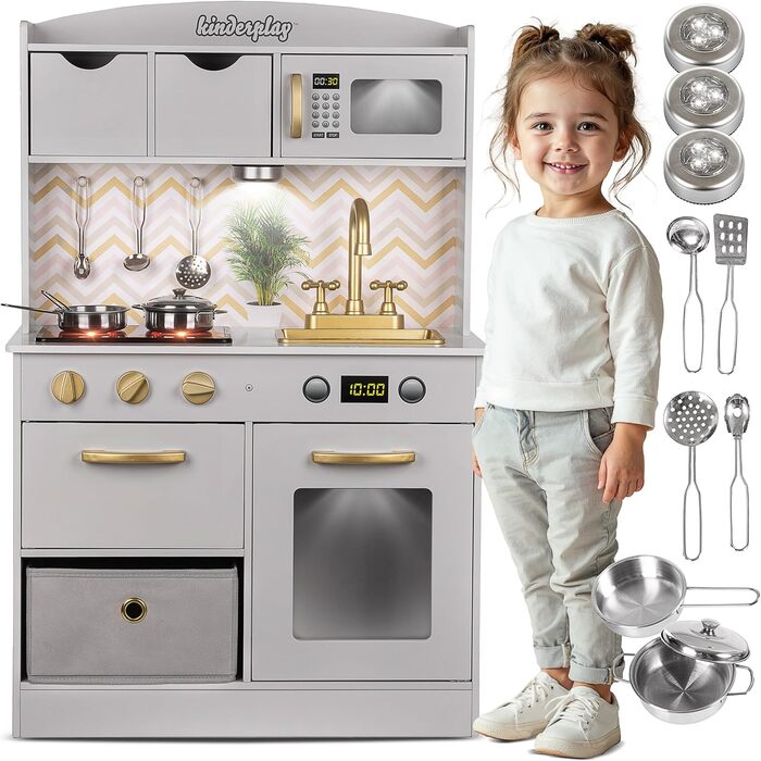 Дерев'яна дитяча кухня Kinderplay з LED та звуками приготування їжі – регульована висота 92–107 см – іграшкова кухня для ролевих ігор від 3 років – повний комплект з аксесуарами, світло-сірий колір Elegant - світло-сірий