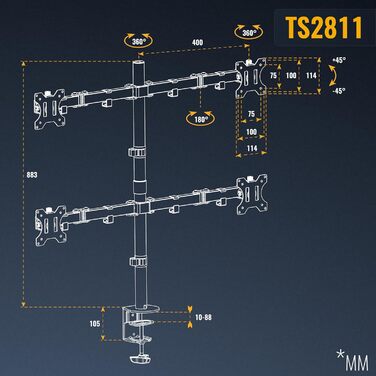 Підставка для монітора RICOO для 2 моніторів, Dual Monitor Arm, TS5811, 15-27 дюймів
