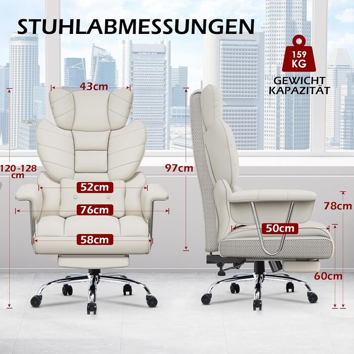 Офісний крісло NaspaLuro з підставкою для ніг, ергономічне, з підтримкою попереку, з високою спинкою, для дому та офісу, сірого кольору (білий 2, 77x66x134 см)