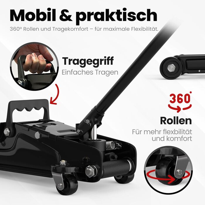 Гідравлічний домкрат Wagenheber 2.5T низькопрофільний з кейсом, 3 гумові накладки та адаптер для легкових авто та авто з заниженою підвіскою до 2500 кг, чорний