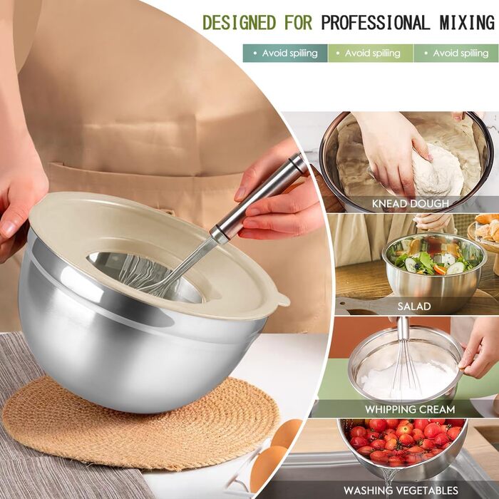 Набір місок для перемішування з кришками, 26 предметів, нержавіюча сталь, 3 тертки, міски для кухні, випічки, холодильника, зберігання продуктів, органайзер, 7 розмірів (Хакі)