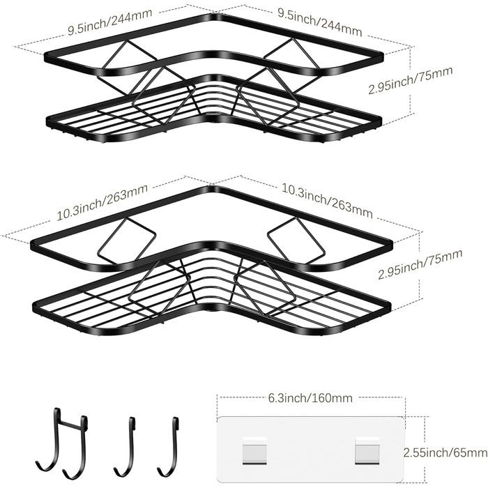 Душова полиця AFAjwsc з 2 частин без свердління, самоклеюча кутова полиця з гачком для ванної кімнати/кухні (чорна)