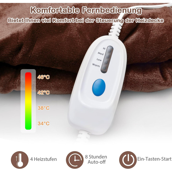 Електрична ковдра GOPLUS, 4 налаштування температури, таймер на 8 годин, захист від перегріву, можна прати, 180130см, коричневий