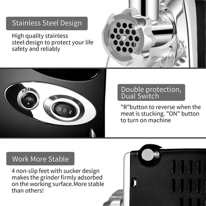 М'ясорубка електрична з насадкою для ковбас 2800 Вт, чорна. Комплект з 3 дисками для фаршу та насадкою для ковбасок
