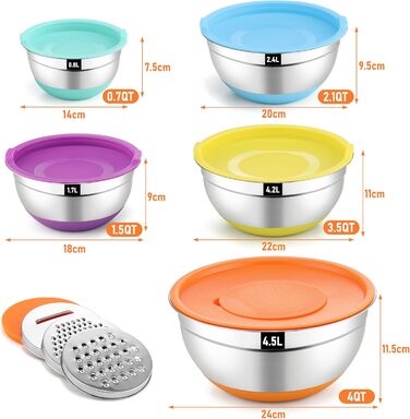 Набір мисок Hunnycook 7 шт. з нержавіючої сталі з кришкою, 5L, 4.5L, 4L, 2.4L, 1.7L, 1.25L, 0.8L, миски для салатів, стійкі до миття в посудомийній машині