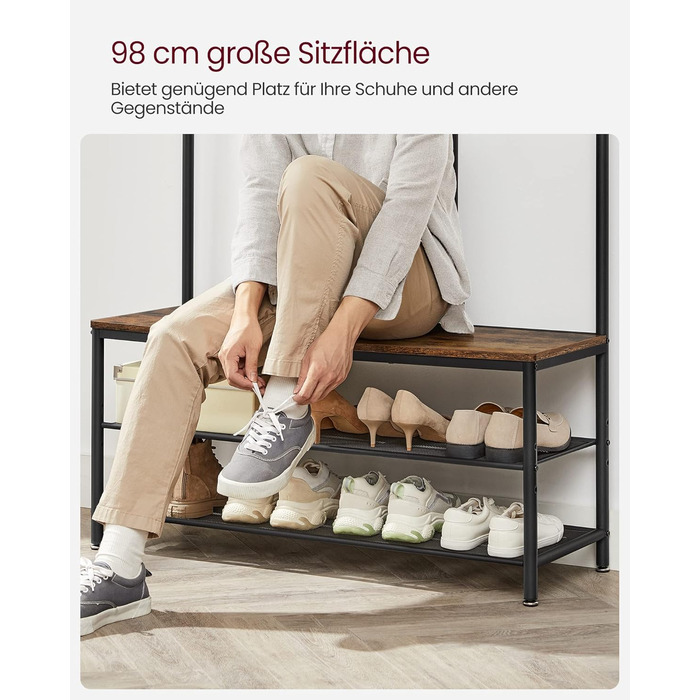 Дзеркало-вішалка VASAGLE HSR415B01 з банкеткою, полицею для взуття, гачками, 35 x 98 x 180 см, для прихожей, спальні, вітальні, індустріальний стиль, вінтажний коричневий + чорний