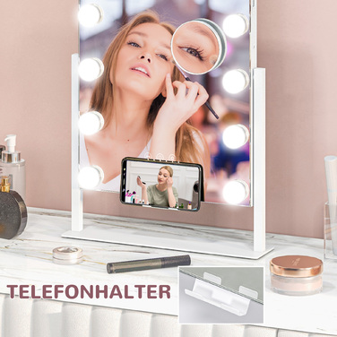 Дзеркало HOMCOM Hollywood з підсвіткою, 12 LED, 37 x 46 см, 3 кольори світла, 10-кратне збільшення, 360° обертання, USB-порт для зарядки, білий | Aosom