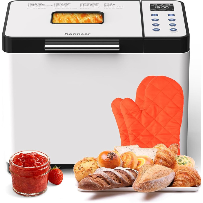 Бротбекмашина Karinear з 20 програмами, рукавичками, таймером на 15 годин, нержавіючою сталлю, 3 розмірами хліба та вибором кольору скоринки (білий, чорний)