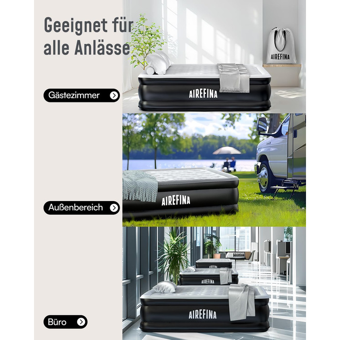 Надувне ліжко Airefina на 2 особи з самонадувною системою та вбудованим насосом, для кемпінгу та дому, міцне гостьове ліжко - 203 x 152 x 46 см