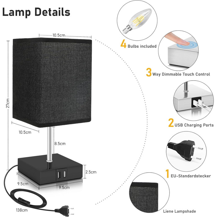 Приліжковий світильник Touch Dimmable Набір з 2 шт. з USB, 3 рівнями яскравості, в т.ч. 4 лампочки (чорні)