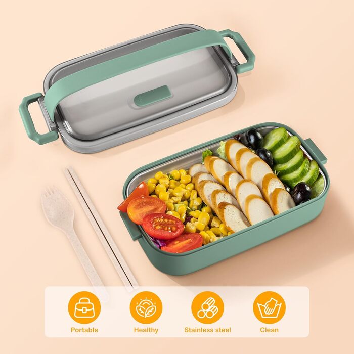 Ланчбокс 2,25 л Bento Box, 3-шаровий, герметичний, з виделкою та ложкою, без бісфенолу А, придатний для мікрохвильової печі