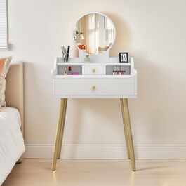 Трюмо YuYe з LED-підсвічуванням, регульованою яскравістю, з пуфом, 5 шухлядами та 3 полицями, сучасний дерев'яний комод для макіяжу білого кольору (121)
