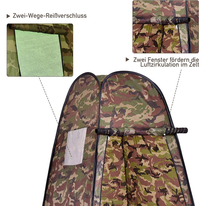 Намет переодягання Relax4Life з системою Pop-up, душовий намет, туалетний намет з вікном, намет-кімнату з поліестеру, 120 x 120 x 190 см, камуфляж Flecktarn