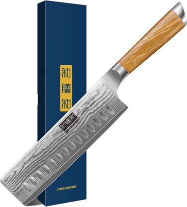 Японський ніж HOSHANHO з дамаської сталі 20 см, 67 шарів, кухонний ніж, надзвичайно гострий, з ергономічною ручкою оливкового кольору (16.5 см Nakirimesser)