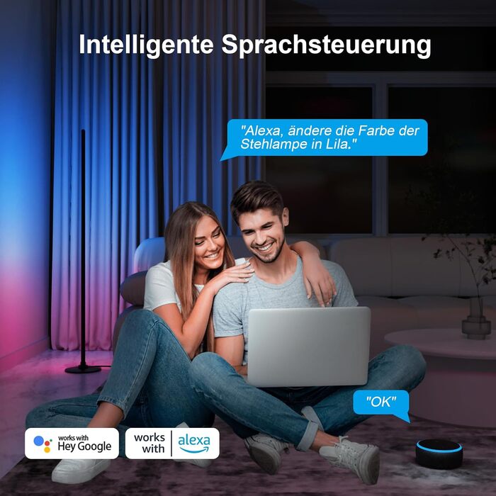 Світлодіодна підлогова лампа RGBICW з пультом та додатком, димування, Alexa/Google, синхронізація з музикою, 16 млн кольорів, 68 режимів, стильна лампа для спальні 51 дюйм