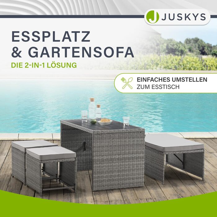 Набір садових меблів Juskys Jamaika 2в1: стіл та диван-крісло для балкона/саду - сірий