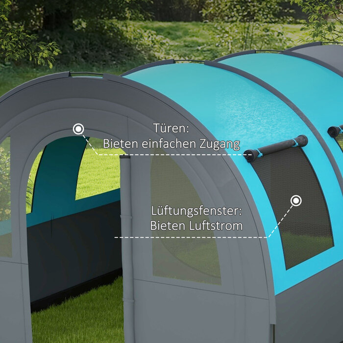 Намет Outsunny Tunnel 6-місний кемпінговий намет з 2 кімнатами та світловим гачком, груповий намет із сумкою для перенесення, водяний стовп 3000 мм, сімейний намет сірого кольору