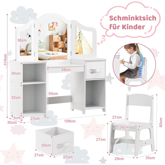 Дитячий туалетний столик MAMIZO 2 в 1 з дзеркалом та пуфом, рожево-білий, 108x30x114 см