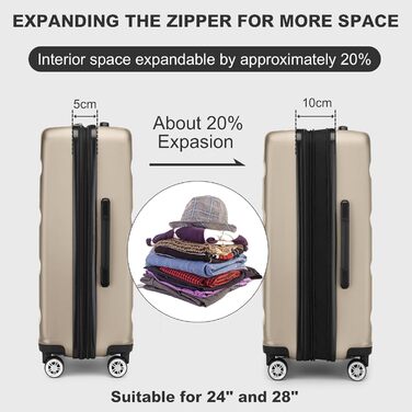 Набір валіз KONO 3 шт. (M-L-XL) з ABS+PC, розширювані, з TSA-замком та 4 колесами, золотий