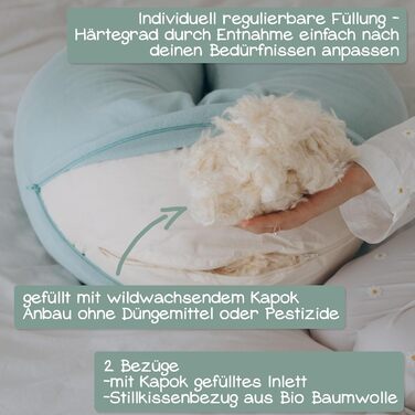 Подушка для годування Stillkissen XXL з органічної бавовни та наповнювачем з капоку | велика подушка для годування та пляшечки | вагітна подушка для сну на боці | антиалергенна та тиха | 190x30 см, кремовий колір, перкал