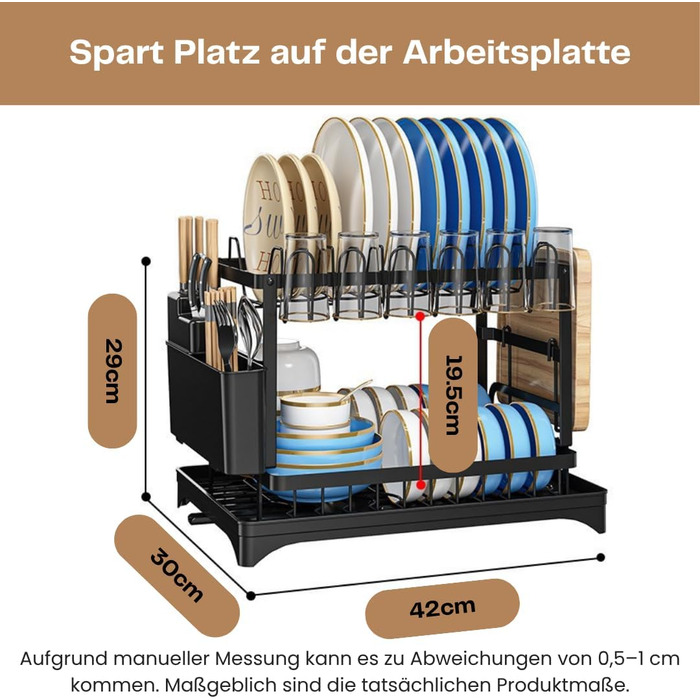 Сушарка для посуду нержавіюча сталь, 2-ярусна, з піддоном та відділенням для столових приборів, компактна для кухні