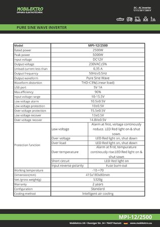Перетворювач чистої синусоїдальної напруги MOBILEKTRO 1500 Вт 12 В в 230 В MPI-12/1500 з портом USB з портом USB в комплекті з пультом дистанційного керування та інверторним перетворювачем з РК-дисплеєм з піковою потужністю 3000 Вт (2500 Вт I від 12 В до 