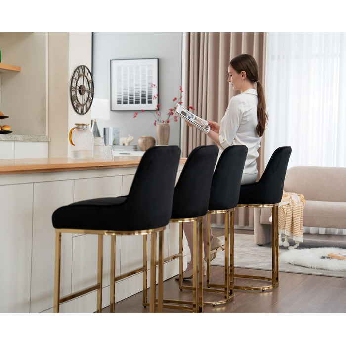 Набір з 2 барних стільців з велюру з золотистими металевими ніжками, м'яке сидіння, зі спинкою, без підлокітників для кухонної зони/домашнього бару (Чорний)
