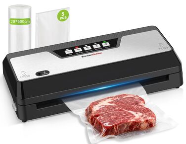Вакууматор для продуктів Bonsenkitchen з вбудованим різаком, компактний вакууматор для Sous Vide та заготовок, кілька режимів роботи, чорний (в комплекті 1 рулон та 5 пакетів)