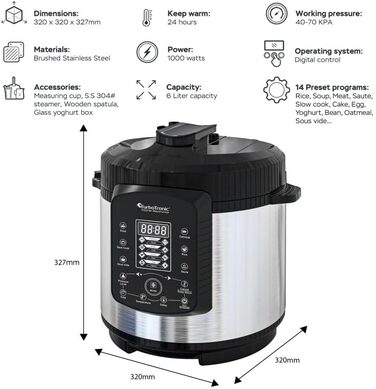 Електричний сковорода-мультиварка TurboTronic 6L з нержавіючої сталі та з антипригарним покриттям, пароварка, швидкий котел, срібний котел