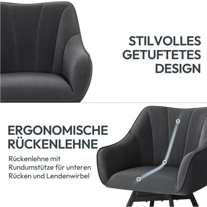 Крісло Yaheetech для кухні/їдальні/вітальні, обертається на 360°, з підлокітниками та металевими ніжками, темно-сірий, комплект з 4 шт.