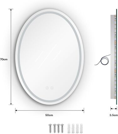 Дзеркало для ванної кімнати Dripex з підсвічуванням LED, сенсорне керування, регулювання яскравості, 3 кольори світла, антизапарник, овальне, 50 x 70 см