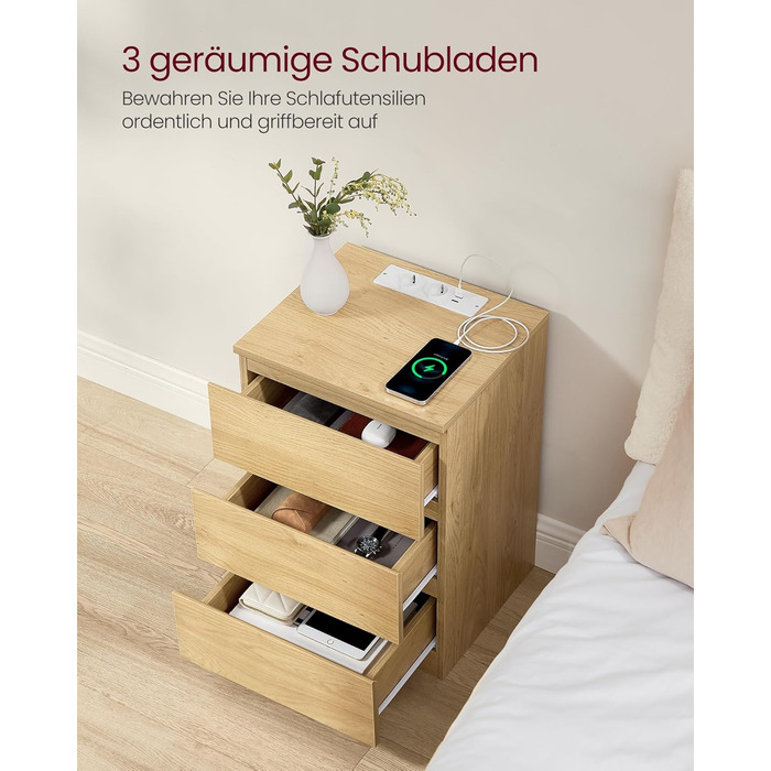 Приліжкова тумбочка VASAGLE Kailyn з розетками та USB-портами, 3 шухляди, сучасний дизайн, сіро-коричневий колір, LET831G01