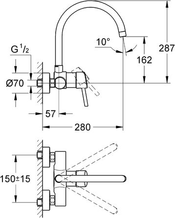 Одноважільний змішувач для раковини (настінний, діапазон повороту на 360, міцна поверхня), хром, 32667001, срібло