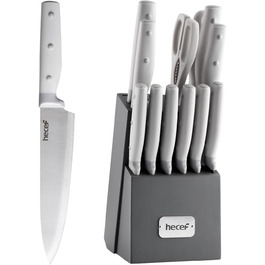 Набір ножів Hecef 14 предметів з дерев'яним блоком, професійний набір кухонних ножів з нержавіючої сталі, з шліфувальником, ножицями та ножем для стейка (сірий)
