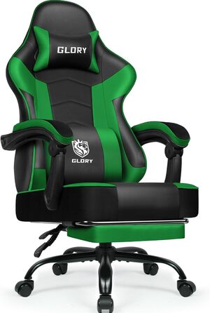 Ігровий крісло, офісне ергономічне крісло з телескопічною підніжкою, підголівник та поперекова підтримка, регульоване та поворотне, 150 кг, зелений