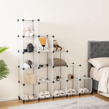 Кубічна полиця COSTWAY DIY з 16 відділеннями, штабельована пластикова стелажна система, полиця для взуття без болтів для вітальні, спальні (біла)