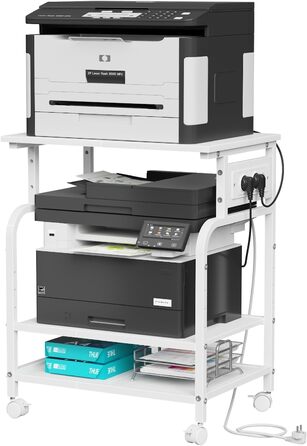 Тристопельний стіл для принтера з розеткою та USB-портами, регульовані полиці, роликовий стійка для дому/офісу, для 3D/лазерного друку, термопреса (білий, 60 см)