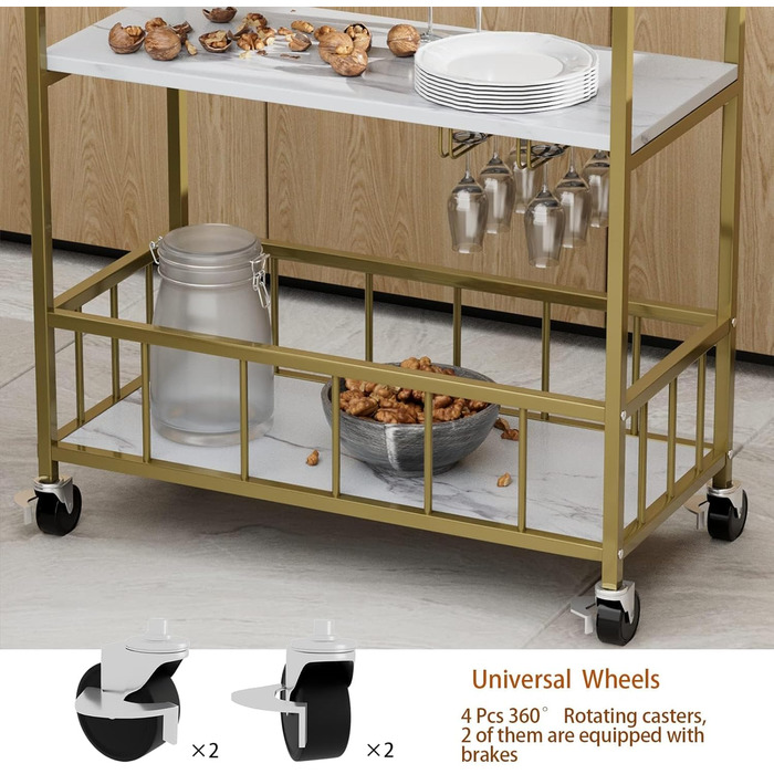 Сервізний візок Huhote з полицею для вина, барний візок, візок для напоїв, візок на колесах, візок для вина в їдальню, кухню, вітальню, бар, вечірку, з імітацією текстури дерева (золотий, корзина без заліза)